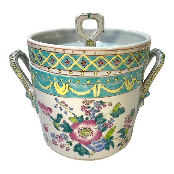 Vintage Chinese Porcelain Famille Rose Style Ice Bucket Food Storage Home Decor